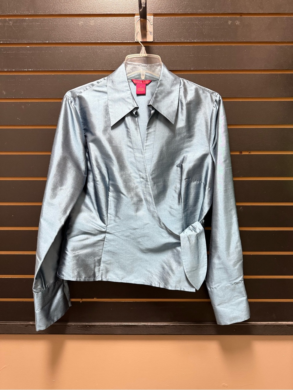Sunny Leigh 100% Silk Steel Blue Wrap Blouse Size 12 Y2K